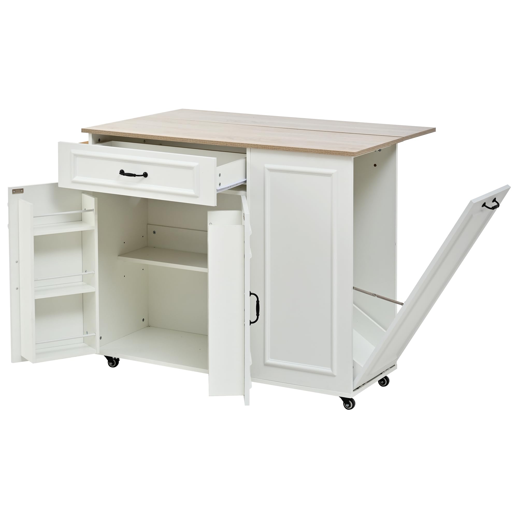 Kücheninsel mit Steckdose – Klappbare Arbeitsplatte ausziehbar zum Esstisch, Küchenwagen mit Schublade & Fächern, auf Rollen, 110x40(70) x90 cm, Weiß