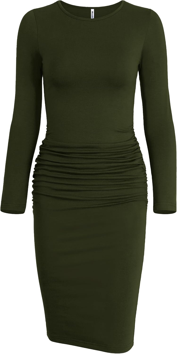 Missufe Women's Long Sleeve Ruched Casual Sundress Bodycon Sheath Knee Length Dress