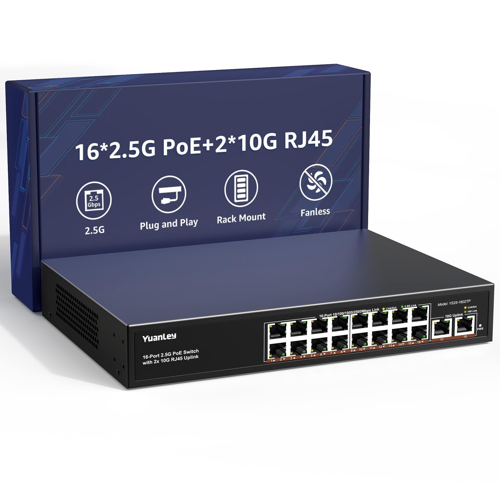 YuanLey 18 Port 2.5G PoE Switch Unmanaged, 16 x 2.5G Base-T PoE Ports, 2 x 10G RJ45 UpLink, IEEE802.3af/at, 250W, Compatible with 100/1000/2500Mbps, Metal Case, 2.5Gbe Network Switch-image-29