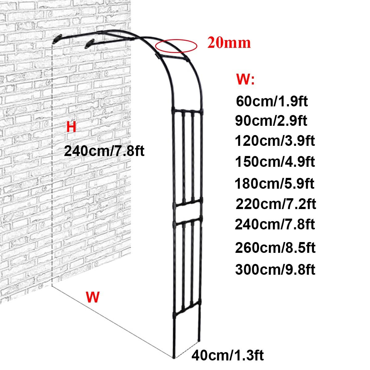 Arco da giardino per piante rampicanti e rose, robusto traliccio in ferro battuto per uso esterno (70 x 240 cm) – Decorazione da giardino durevole perfetta per viti e fiori