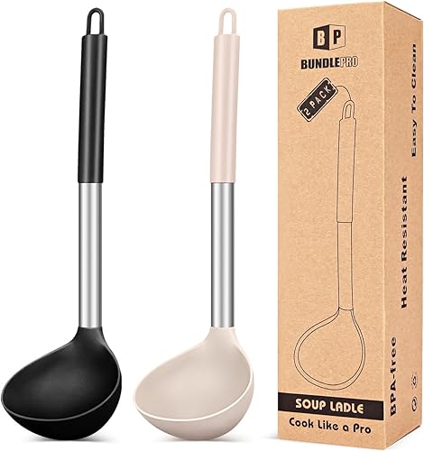 Paquete de 2 cucharones de cucharón, cuchara grande de silicona para sopa, utensilios de cocina antiadherentes con alta resistencia al calor, sin