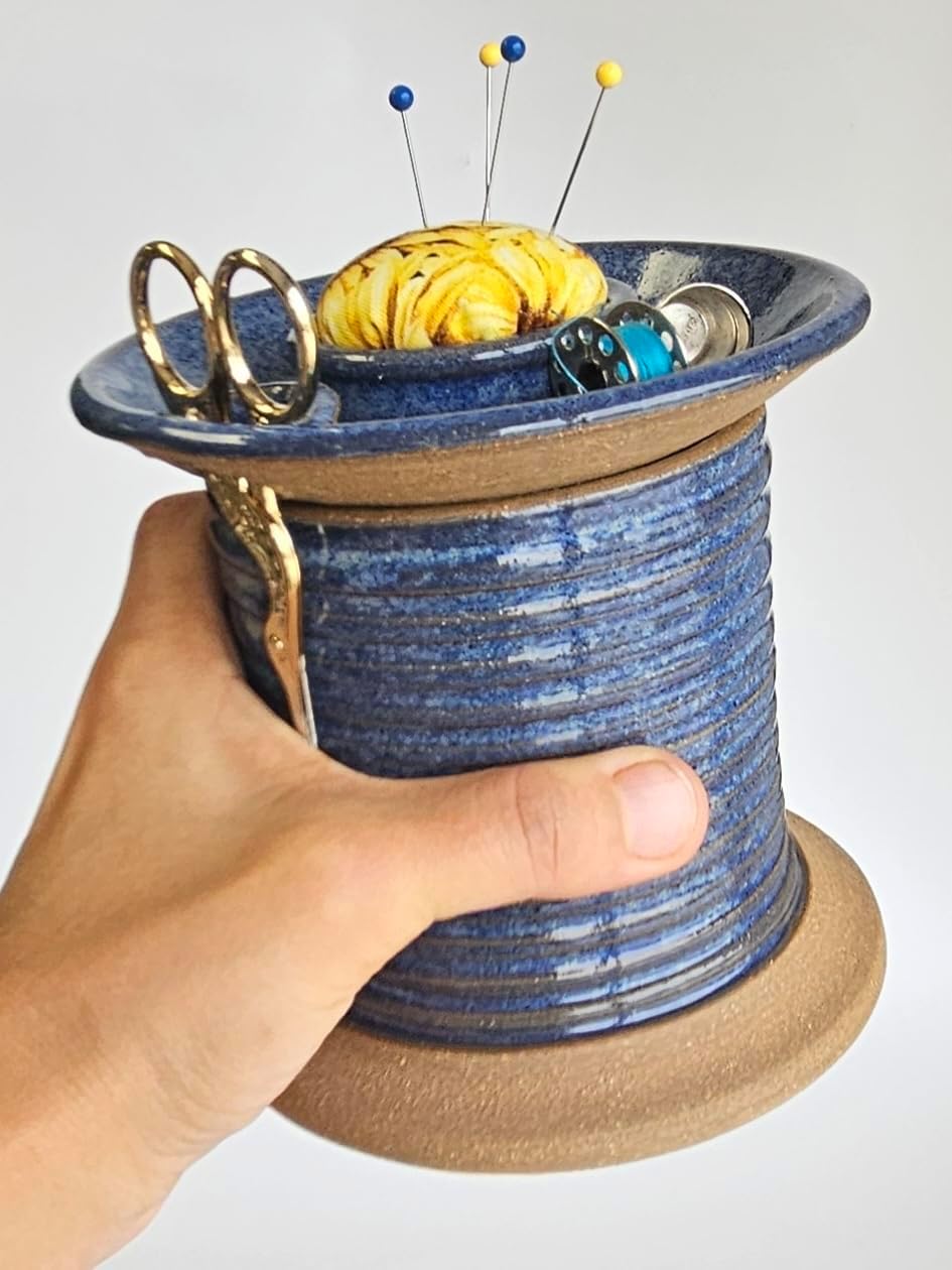 Handcrafted Sewing Caddy & Pincushion Set, Scissors Included, Bobbin Holder ring, Supplies and Notions Storage Blue (Blue Sunflower, Silver tone scissors)