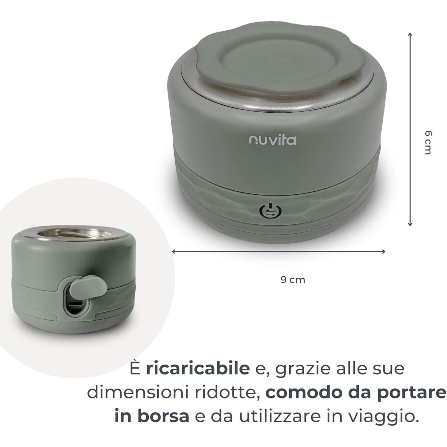 Nuvita 1166 Warm70 bezprzewodowy podgrzewacz do butelek 70°C – ładowanie przez USB, uniwersalny kompatybilny z 6 adapterami, 5 ustawień temperatury do 70°C, szybkie nagrzewanie w 2,5 min, utrzymuje