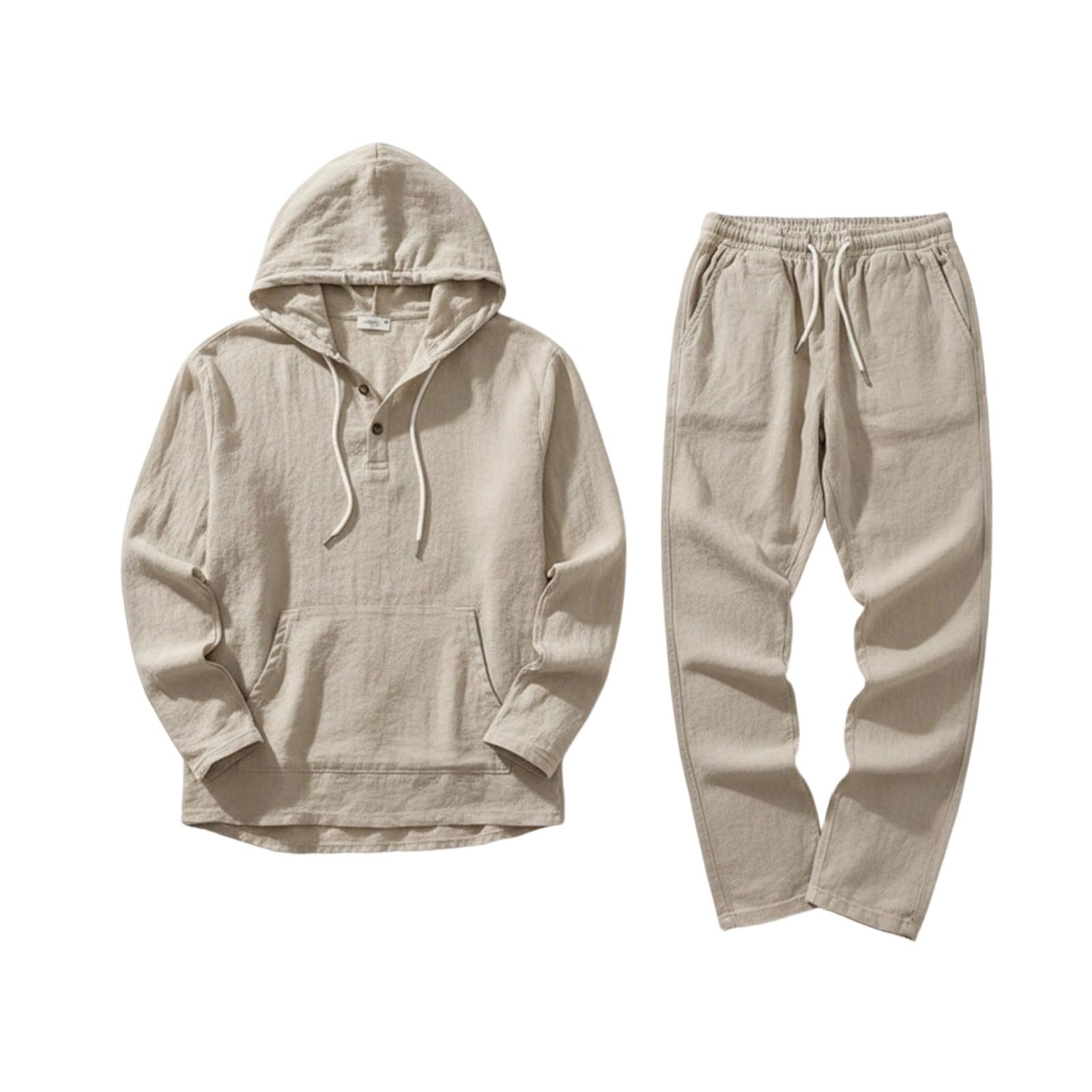 Generisch Ropa de lino para hombre, traje deportivo ligero de manga larga, sudadera de 2 piezas con capucha y pantalones de playa, traje de ocio, traje de jogging informal, chándal informal para