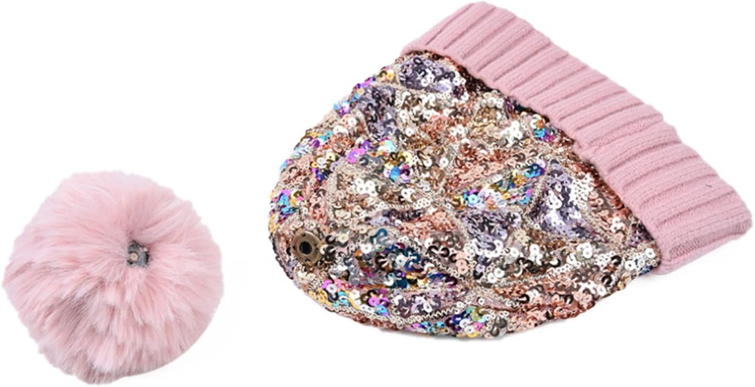 BOLLEY JOSS Womens Winter Beanies Glitter Sequins Colorful Knit Faux Fur Pompoms Beanie Hats Shiny Bling Skull Ski Cap - Image 5
