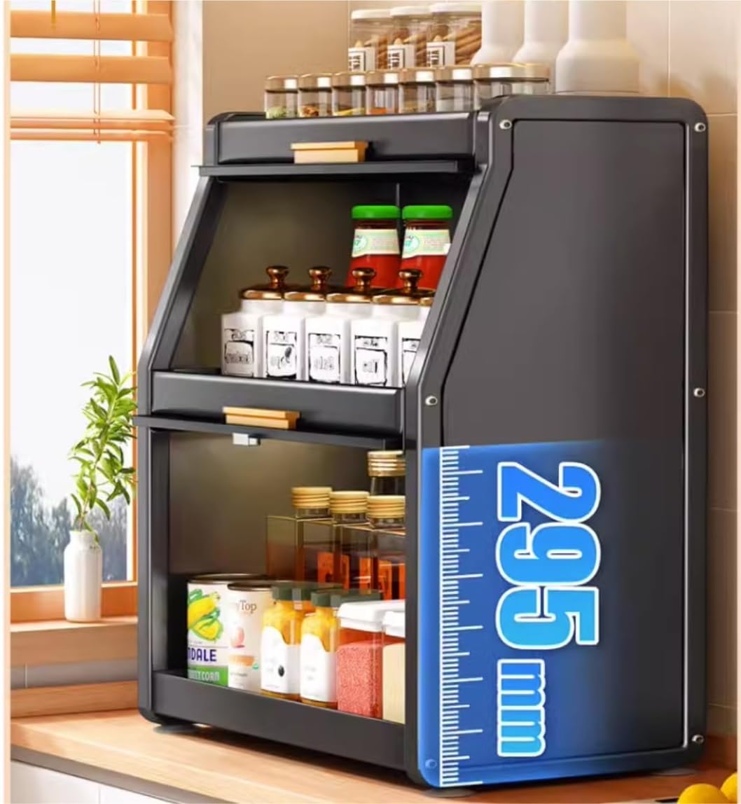 Estantería Especias Especiero Estante De Especias De 2 Niveles Con Puerta De Gabinete, Organizador De Almacenamiento De Tarros De Condimentos Para Encimera De Metal Para Cocina Especiero Organizador P