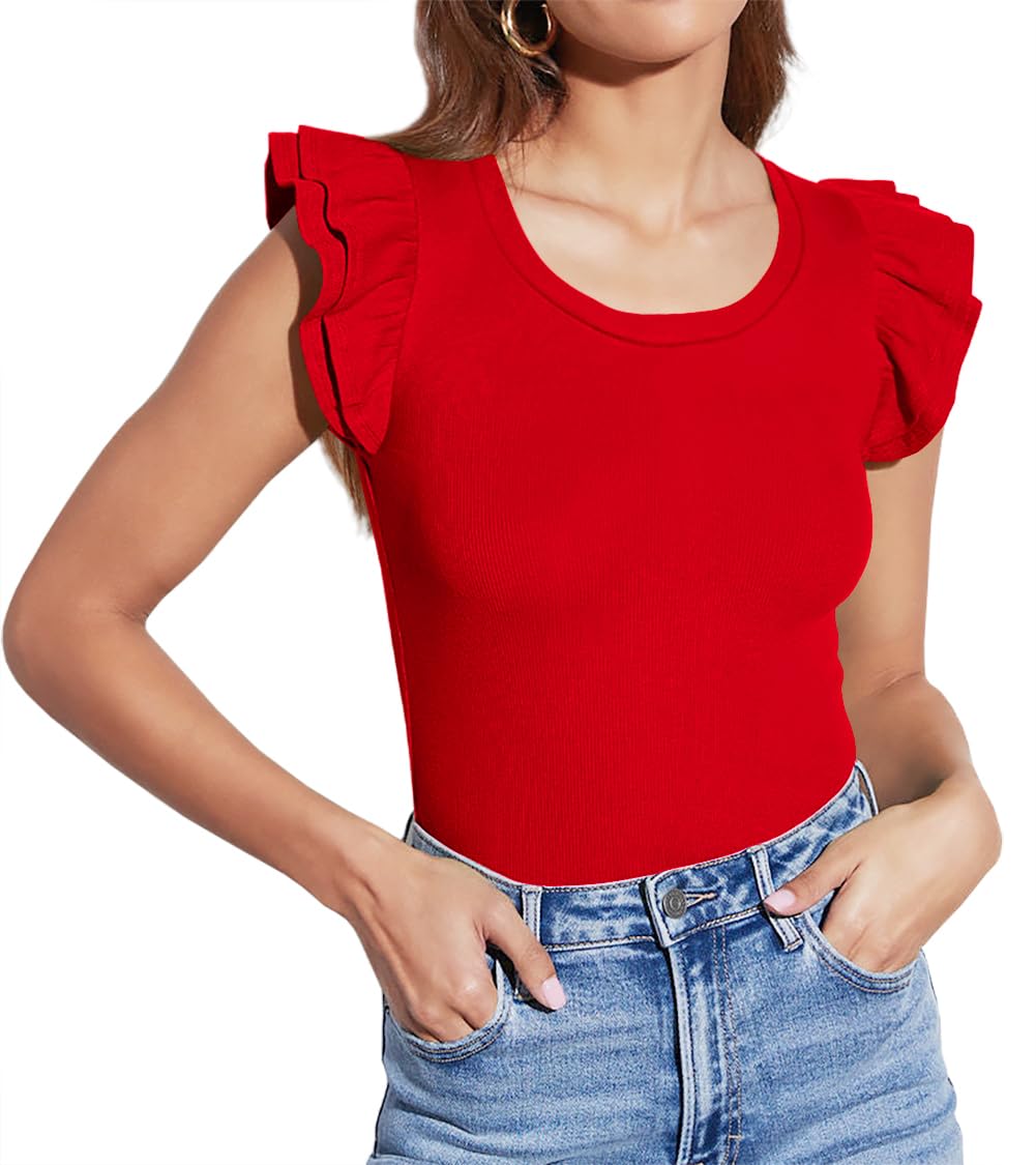 Lacozy Womens Ruffle Sleeve Tops Crew Neck Sleeveless Slim Fit Shirt Casual Ribbed Knit Tees Summer Tops Blouses