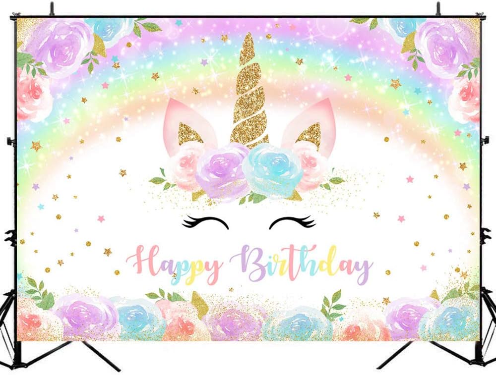 Avezano 8x6ft Rainbow Unicorn Birthday Backdrop Glitter Star Bubble Watercolor Floral Gold Unicorn Horn Birthday Background Vinyl Flowers Unicorn Birthday Party Decors Backdrops for Children