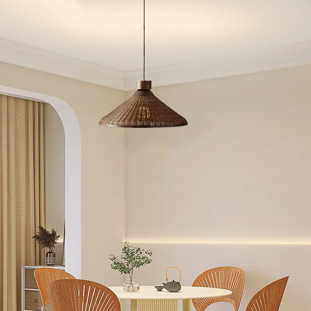 LYMSXAZOU Boho Rattan Pendant Light Fixture - Handmade Wicker Chandelier for Dining Room, Kitchen Island, and More 13.7in Hanging Ceiling Lamp