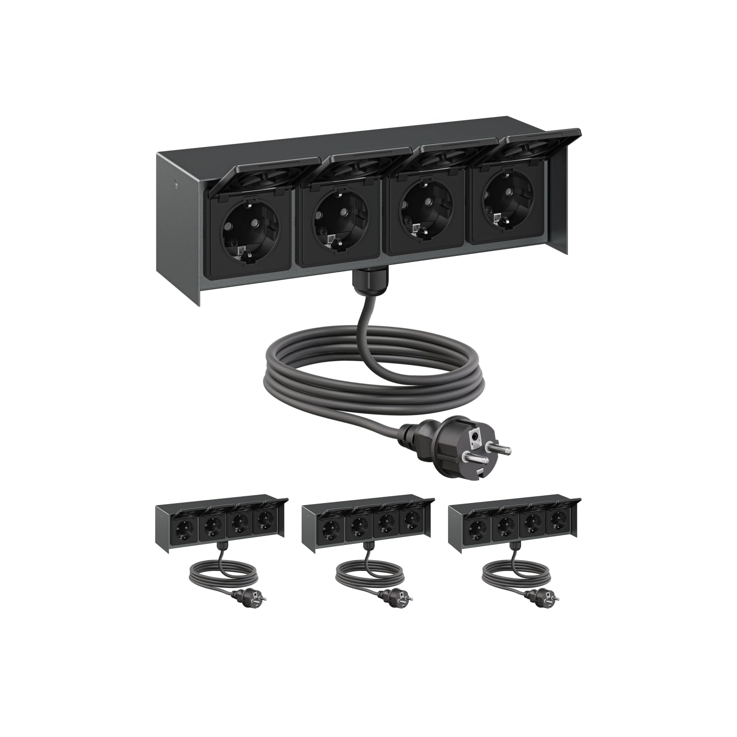 ledscom.de: toma de corriente exterior cuádruple STEDDA con 4 enchufes y cable de 2 m, IP44, acero inoxidable antracita en posición horizontal; tomas de corriente para jardín, terraza y exteriores