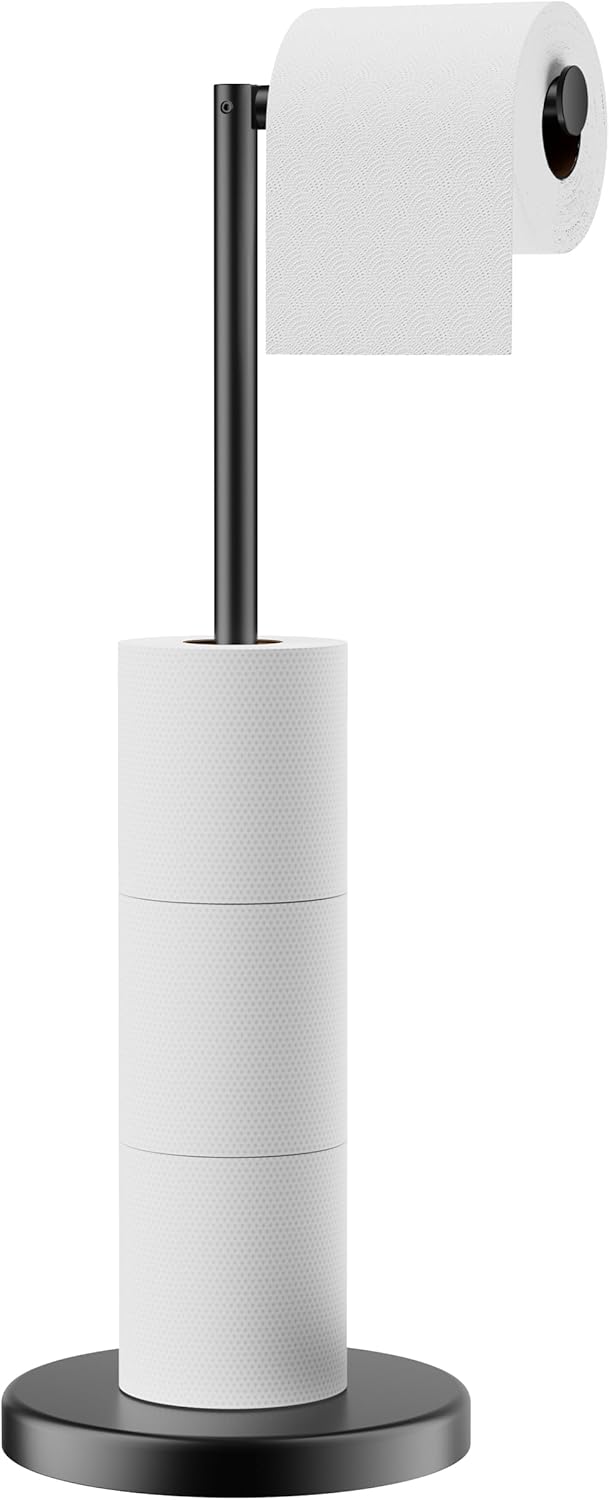 FORIOUS Toilet Paper Holder Stand, Modern Freestanding Tissue Roll Holder for Bathroom, Durable SUS 304 Stainless Steel and Weighted Base Toilet Paper Stand, Storage for 4 Rolls, Matte Black