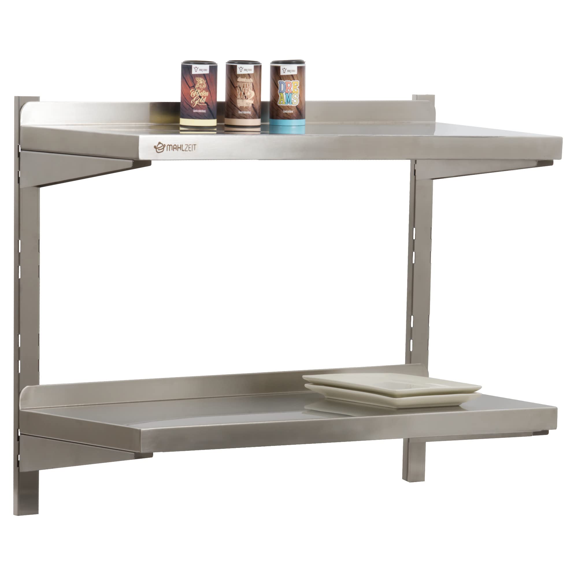 Mahlzeit Edelstahl Wandregal | 80 x 35 cm | 2 Ablagen die je 50kg tragen können | Korrosionsbeständig, leichte Reinigung | Küchenregal Hängeregal Wandregal Wandbord Regal Tellerbord Küche Gastro