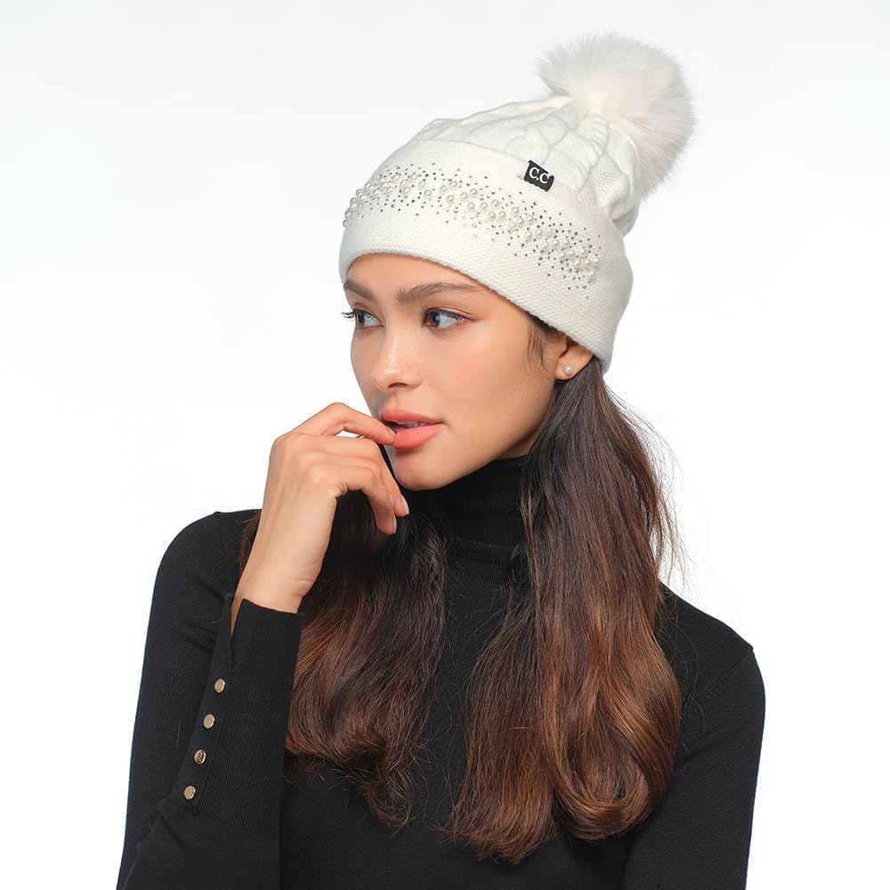 C.C Star Stud Fur Pom Beanie for Women - Recycled Yarn Stretchable Soft Warm Knit Winter Skully Hat with Faux Fur Pom - Image 3