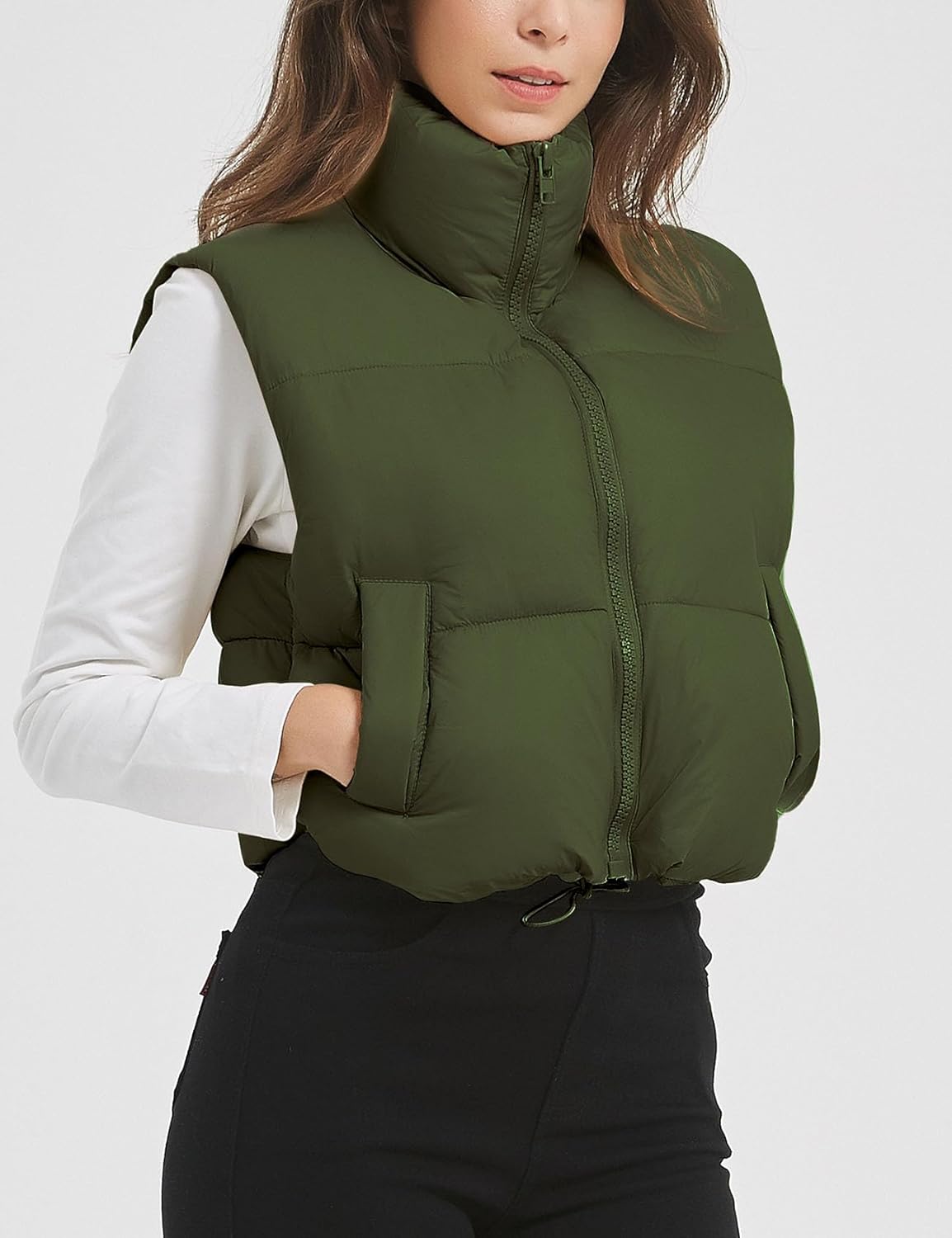 Women's Crop Puffer Vest Stand Collar Zip Up Sleeveless Jacket Winter Padded Coat with Pockets - Image 3