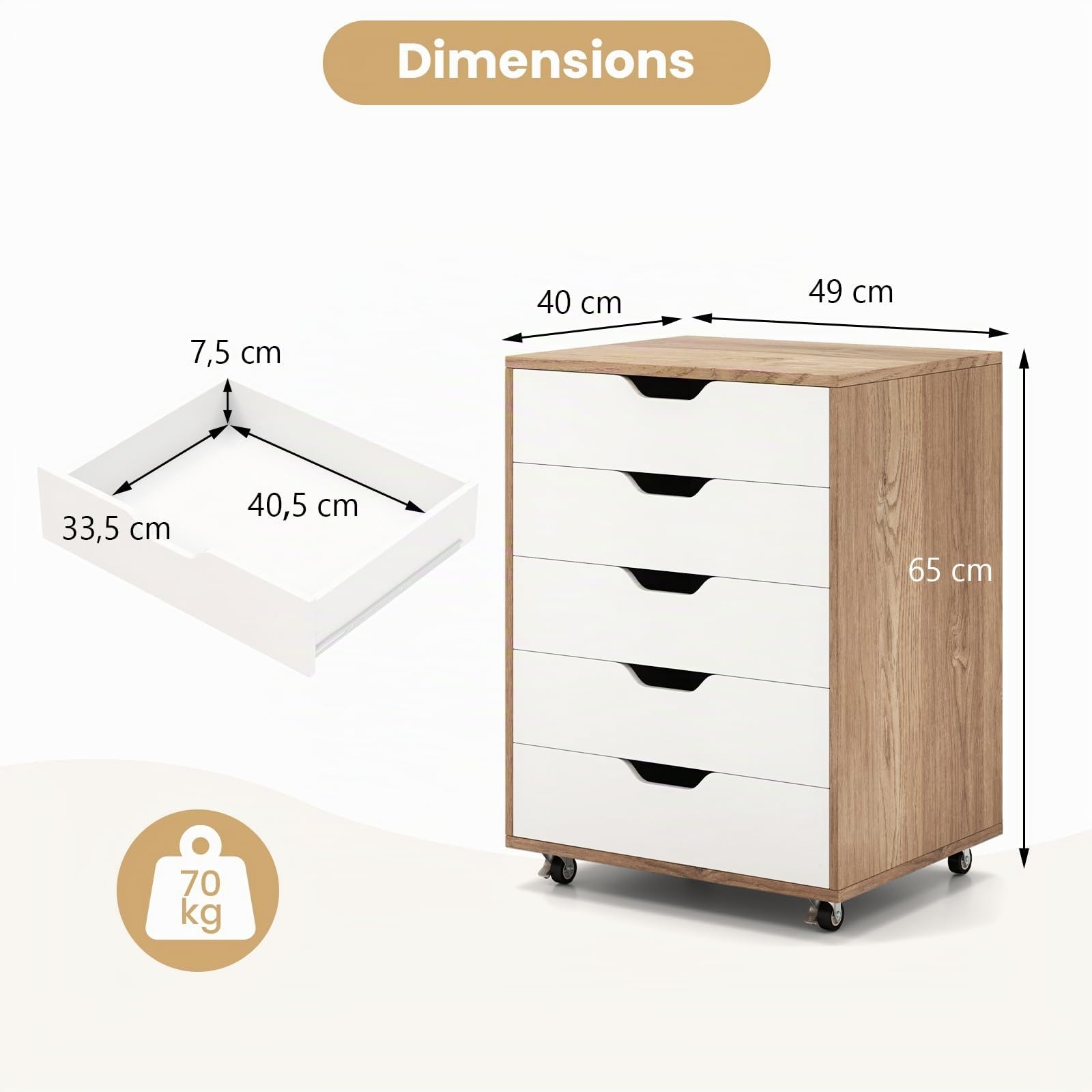 GOPLUS Caisson Bureau avec 5 Tiroirs à Roulettes en Bois, 49x40x65CM, Meuble Rangement Bureau Mobile avec Support Imprimante, Rangement à 5 Niveaux pour A4, Document, Format, Lettre, Idéal pour Maison