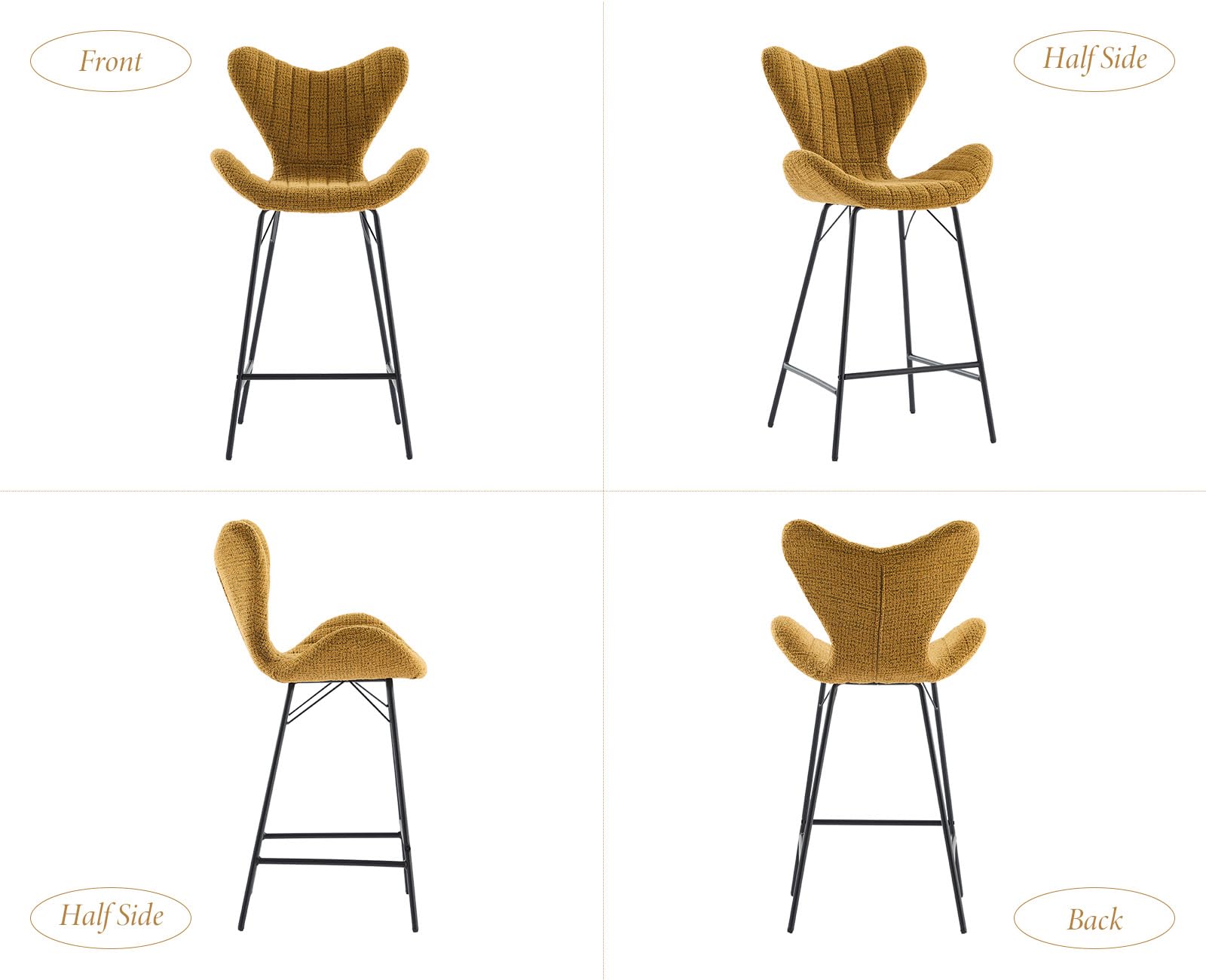 Lot de 2 Tabourets de Bar en Chenille Moderne Tabourets Hauts avec Pieds en Métal Chaises de Bar avec Dossier Unique pour Cuisine, Jaune