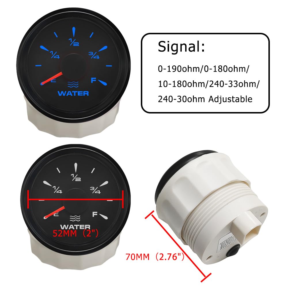ELING 52 mm Wasserstandsanzeige Signal einstellbar mit 0–190 Ohm Wasserstands Sendeeinheit Sensor 225 mm lang 5-Loch-Montage für Marine Motorboote