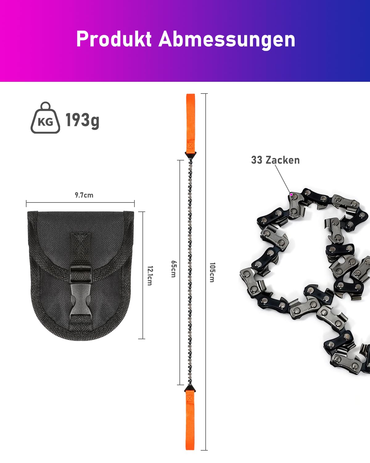 33 Zähnen Handkettensäge, ANVINKU 65,5 cm Hand Kettensäge mit Gürteltasche, Seilsäge Survival Ausrüstung, Carbonstahl Handsäge für Survival, Camping & Outdoor