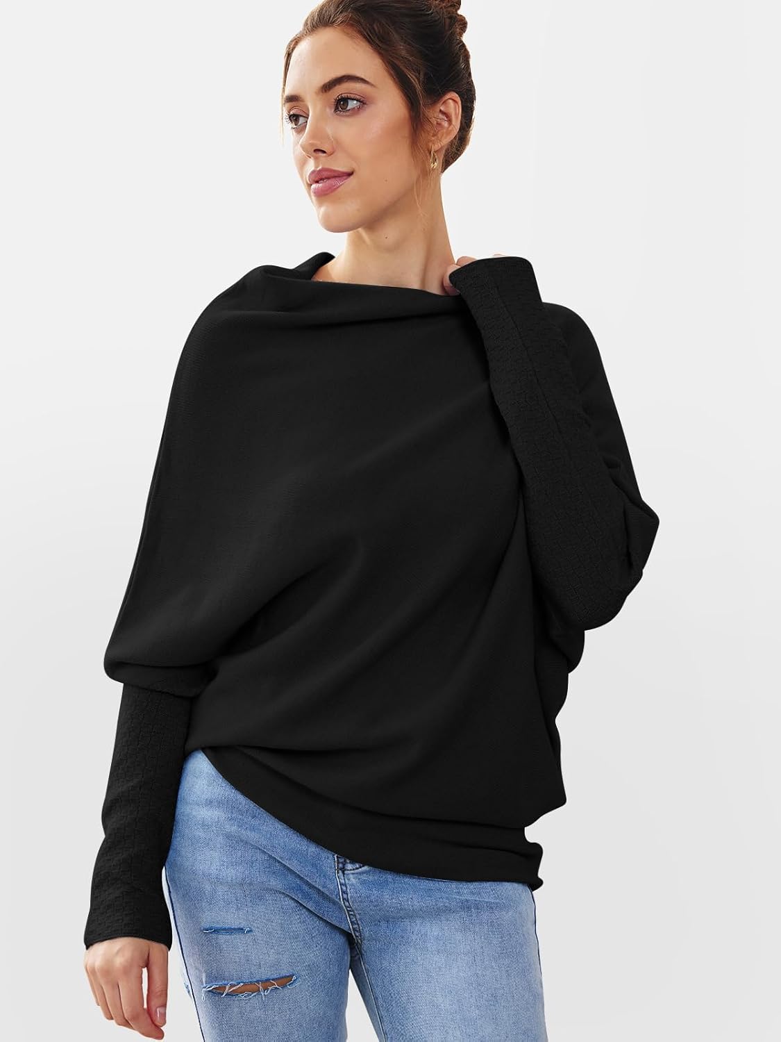 LILLUSORY Womens Batwing Oversized Sweaters Assymetrical Off The Shoulder Boat Neck Wrap Tunic Tops Fall