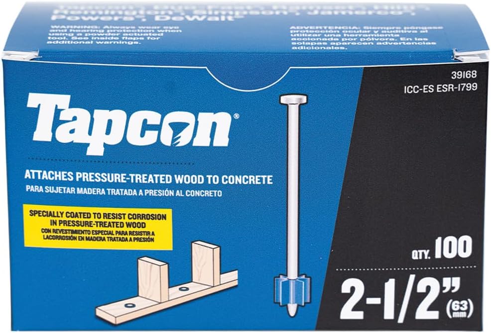 Tapcon 2-1/2 Inch Corrosion Resistant Powder Actuated Drive Pin, 100 PCS, Non-Washered, for Pressure Treated Wood, Made in the USA, Compatible with Tapcon T22, TP22, HS22, & SA27 Powder Actuated Tools
