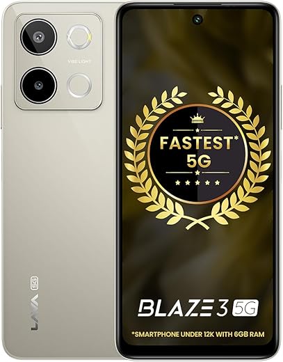 Lava Blaze 3 5G (Glass Gold, 6GB+128GB) | Segment’s Fastest 5G Smartphone | Dimensity 6300 Processor | 90Hz Display | 50MP+2MP AI Camera with Vibe…