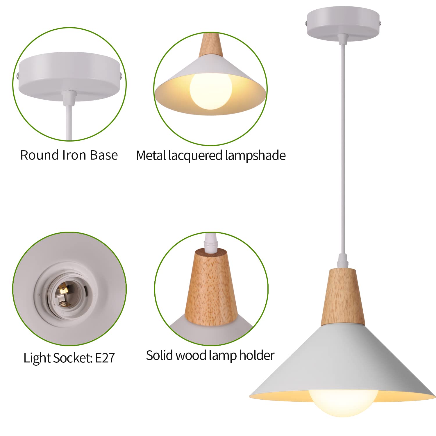 Lampada a Sospensione Retrò LED Lampada a Soffitto in Legna Metallo Moderna Lampadario a Scandinavo Plafoniera per Soggiorno Sala Da Pranzo Camera,25cm (Bianco 2 Pezzi)