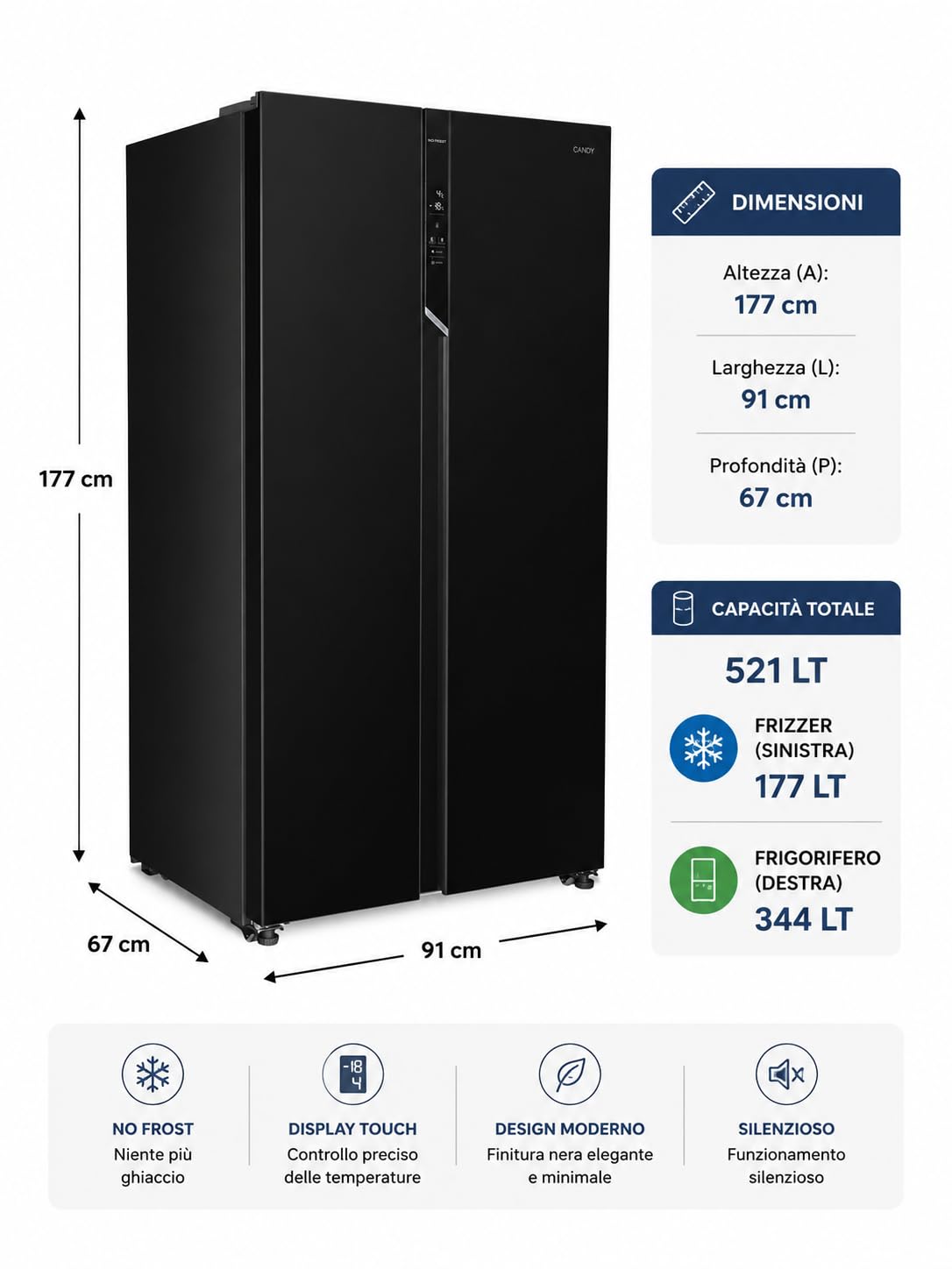 CANDY Frigorifero Side by Side No Frost 521L, Classe E, Display Touch, Super Freezing, Ripiani in Vetro, 177x91x67 cm (AxLxP) Nero - CHSBSO-6174B