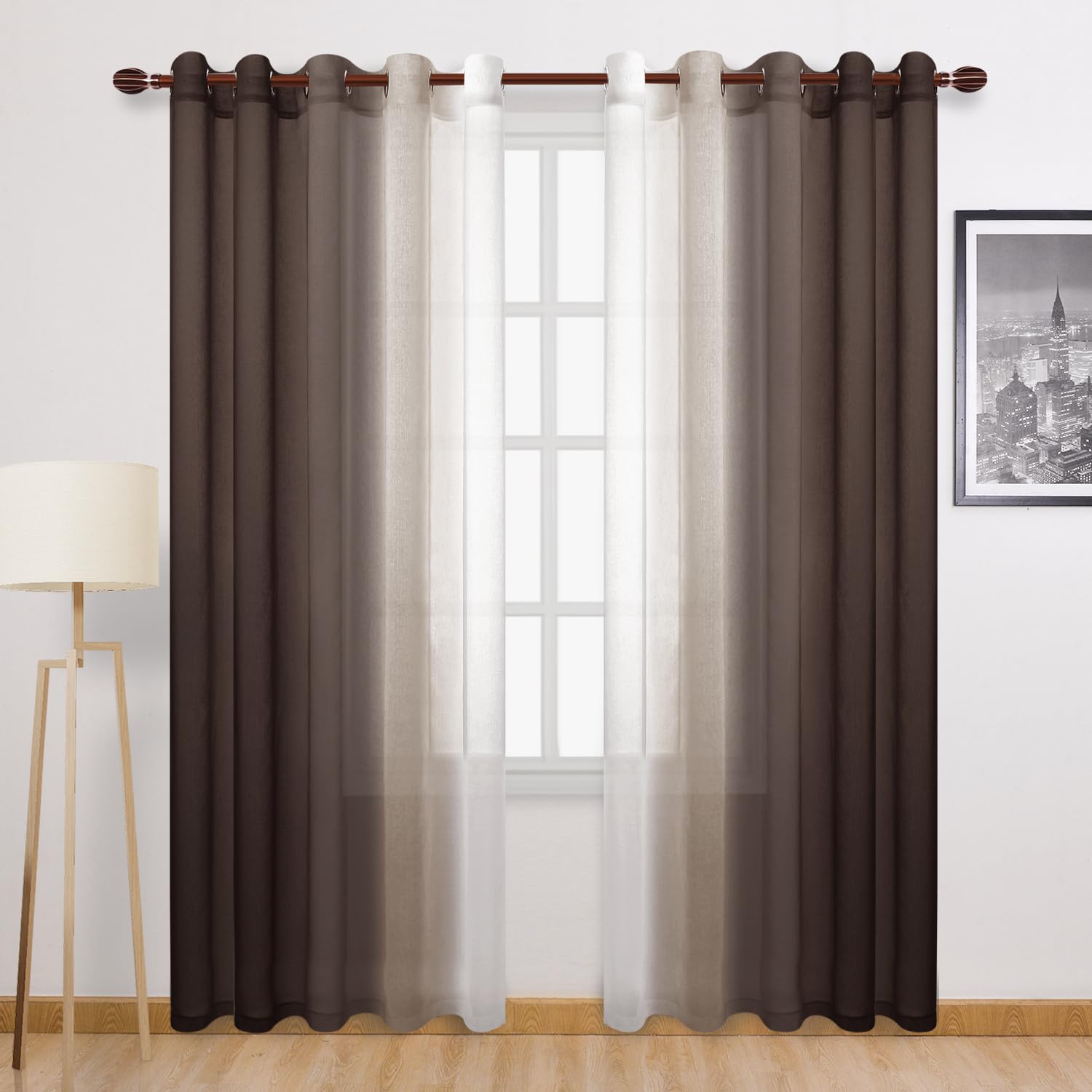 DWCN Ombre Faux Linen Sheer Curtains - Extra Wide Gradient Semi Voile Grommet Top Bedroom and Living Room Curtains, 60 x 84 Inches Long, Set of 2 Window Curtain Panels, Chocolate Brown โ image 1