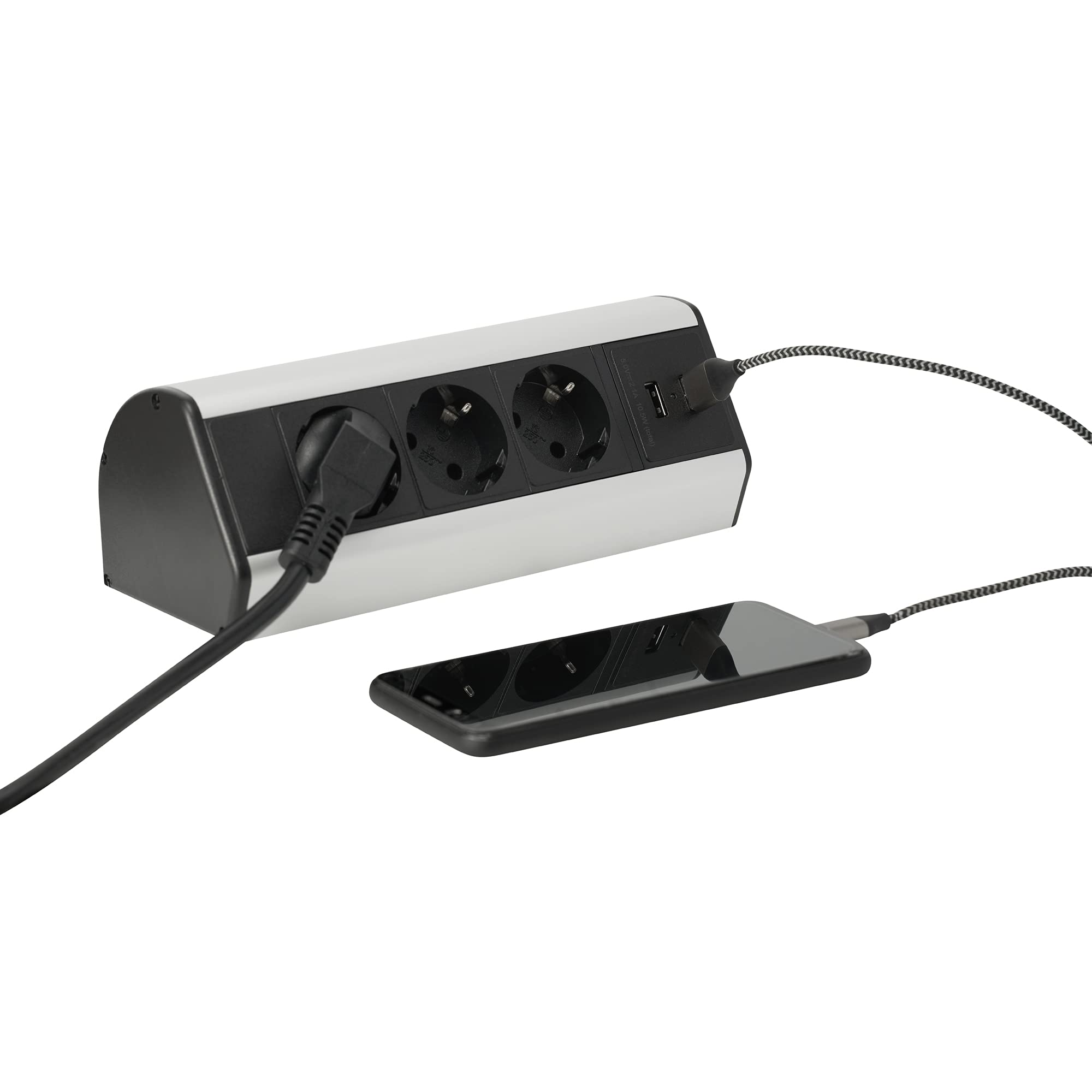 Mehrfach-Steckdose 3-fach & 2x USB mit 2M Kabel - Steckdosenleiste als Schreib-Tischsteckdose und Steckdosenverteiler - Steckerleiste für Küche Büro Stromleiste mit einfacher Montage