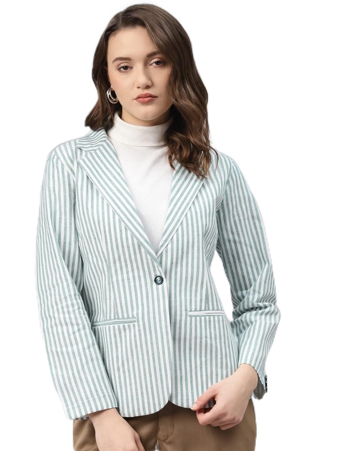 cottinfab Women White & Green Striped Cotton Formal Single Breasted Blazer-picture-30