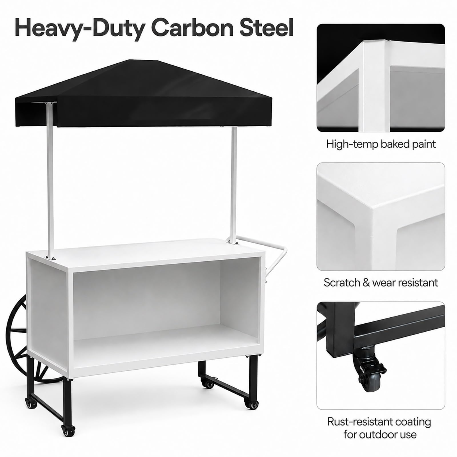 Carrito de Venta con Toldo, Puesto Ambulante con Ruedas, Stand Expositor para Mercadillos y Eventos Promocionales, Puesto para Mercado Agrícola(Orange,120x50x190cm/47x20x75in)