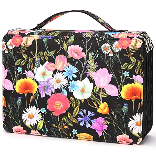 Image of Vomgomfom 200 Slots Pencil Case 4-Layer PU Leather, Handle, Black Flower