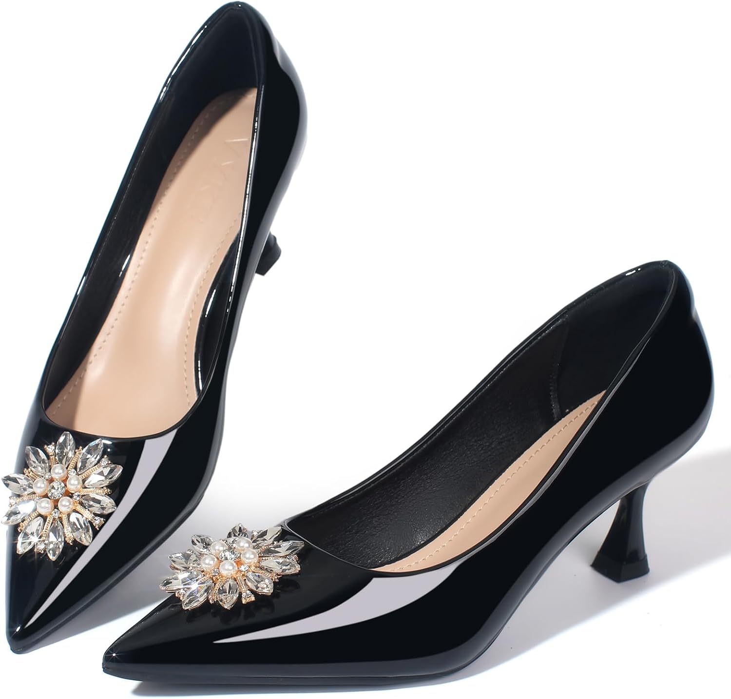 Kitten Heels for Women Leather Comfortable Pointed Closed Toe Heels Womens Rhinestone Pumps Dress Shoes for Weddings Parties - Image 4