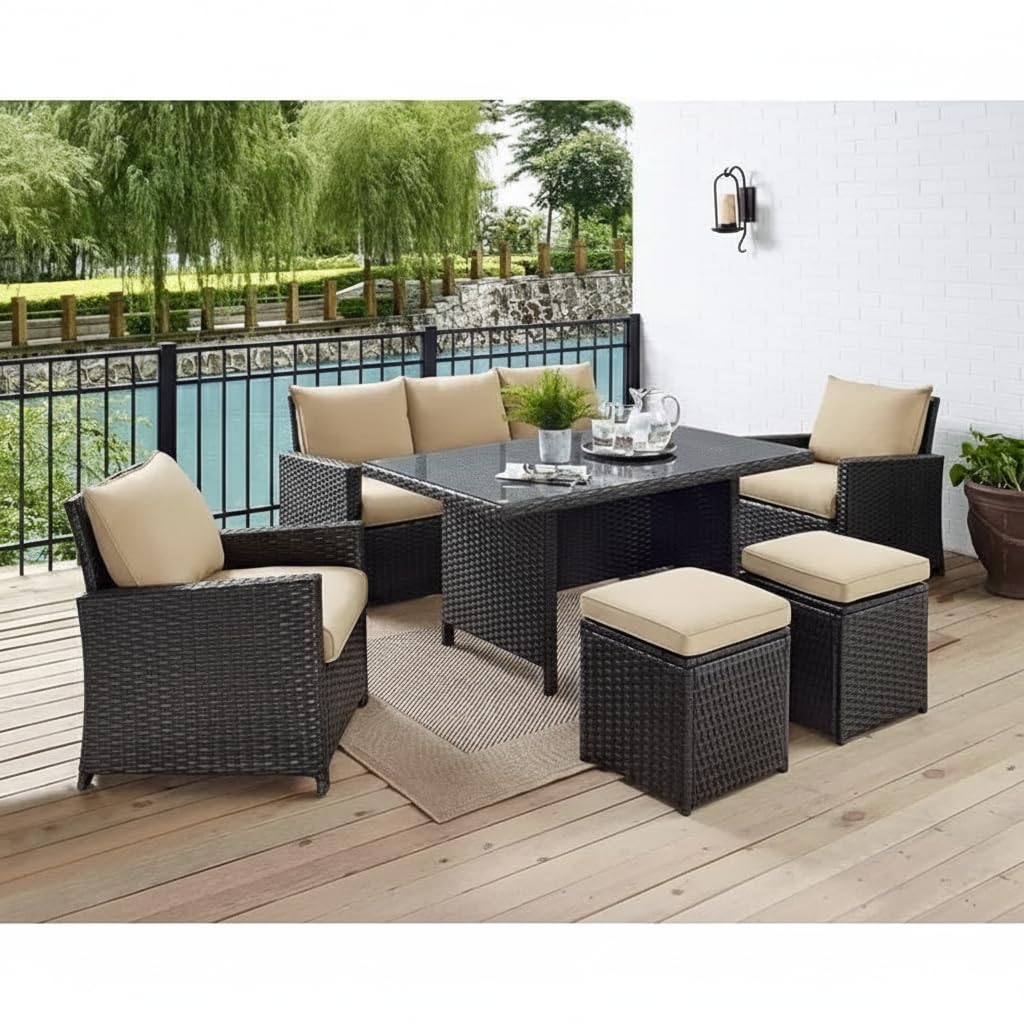 LOCCUS 6 Pieces PE Brown Wicker Outdoor Furniture, Patio Sofa Set .
