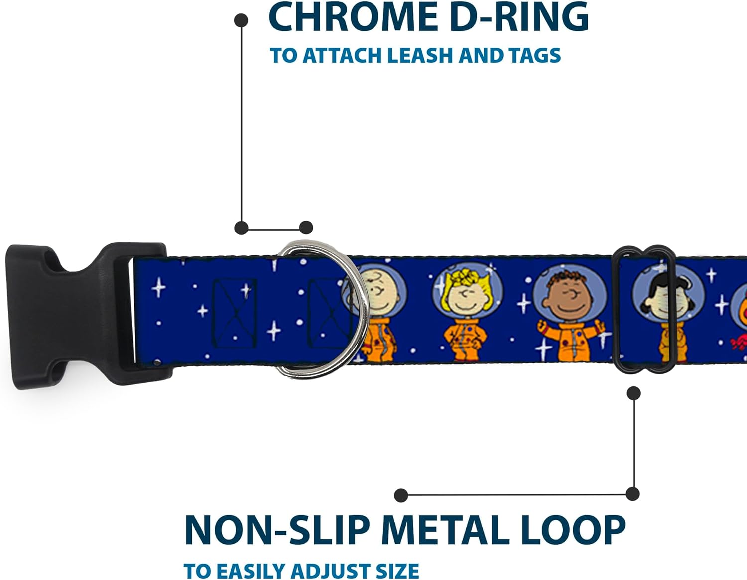 Peanuts Worldwide LLC Pet Collar, Dog Collar Plastic Buckle, Peanuts Gang Astronauts Standing Poses Stars Blue White, 20 to 31 Inches 1.5 Inch Wide