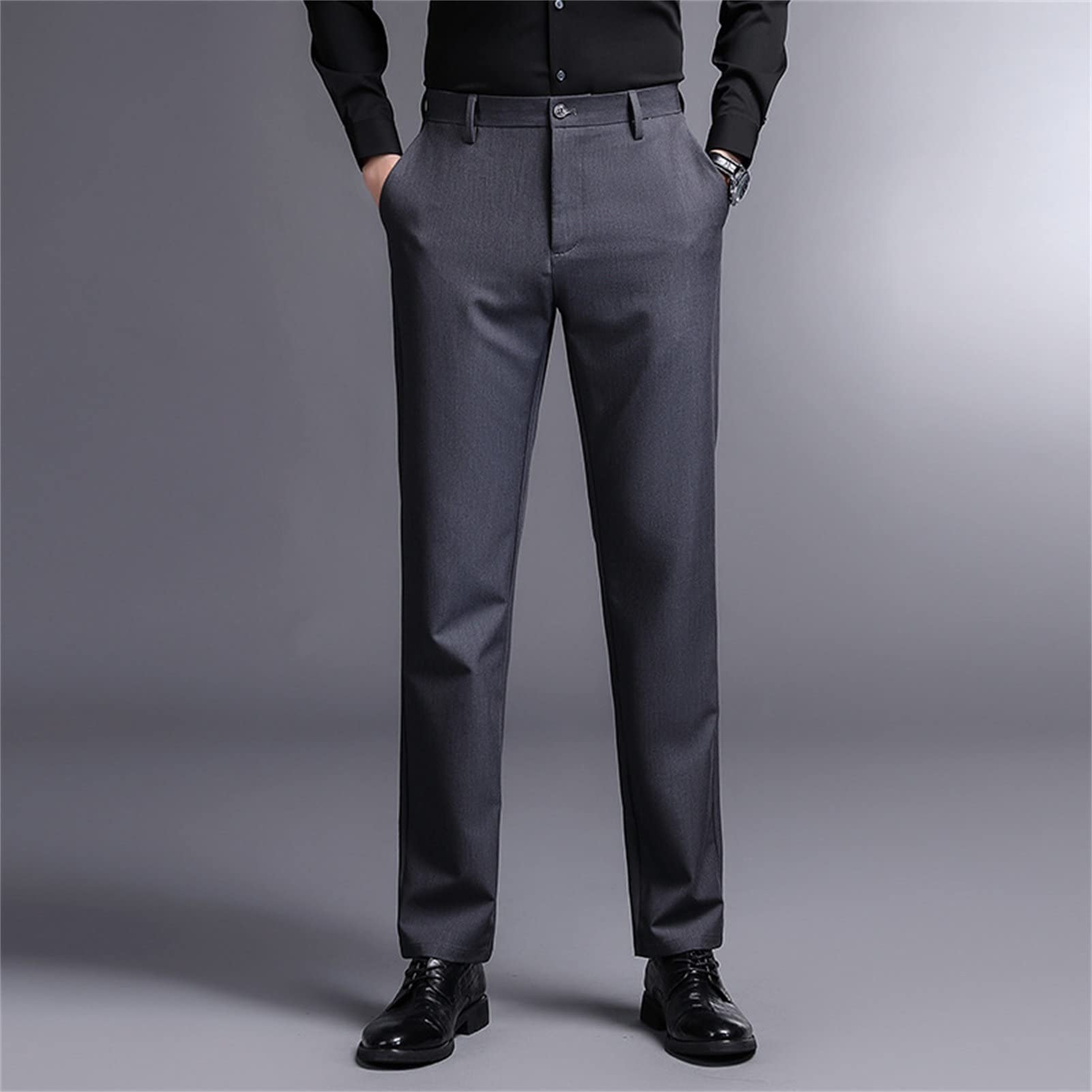 Men's Straight Fit Stretch Pant Classic Solid Color Casual Suit Pant Lightweight Business Comfort Trousers (Grey,30)