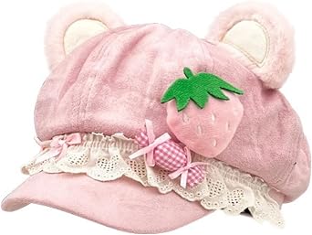 Y2K Cutecore Kawaii Beret Hat Women Strawberry Cake Cat Ears Cap Sweet Suede Newsboy 2000s Clothes Accessories