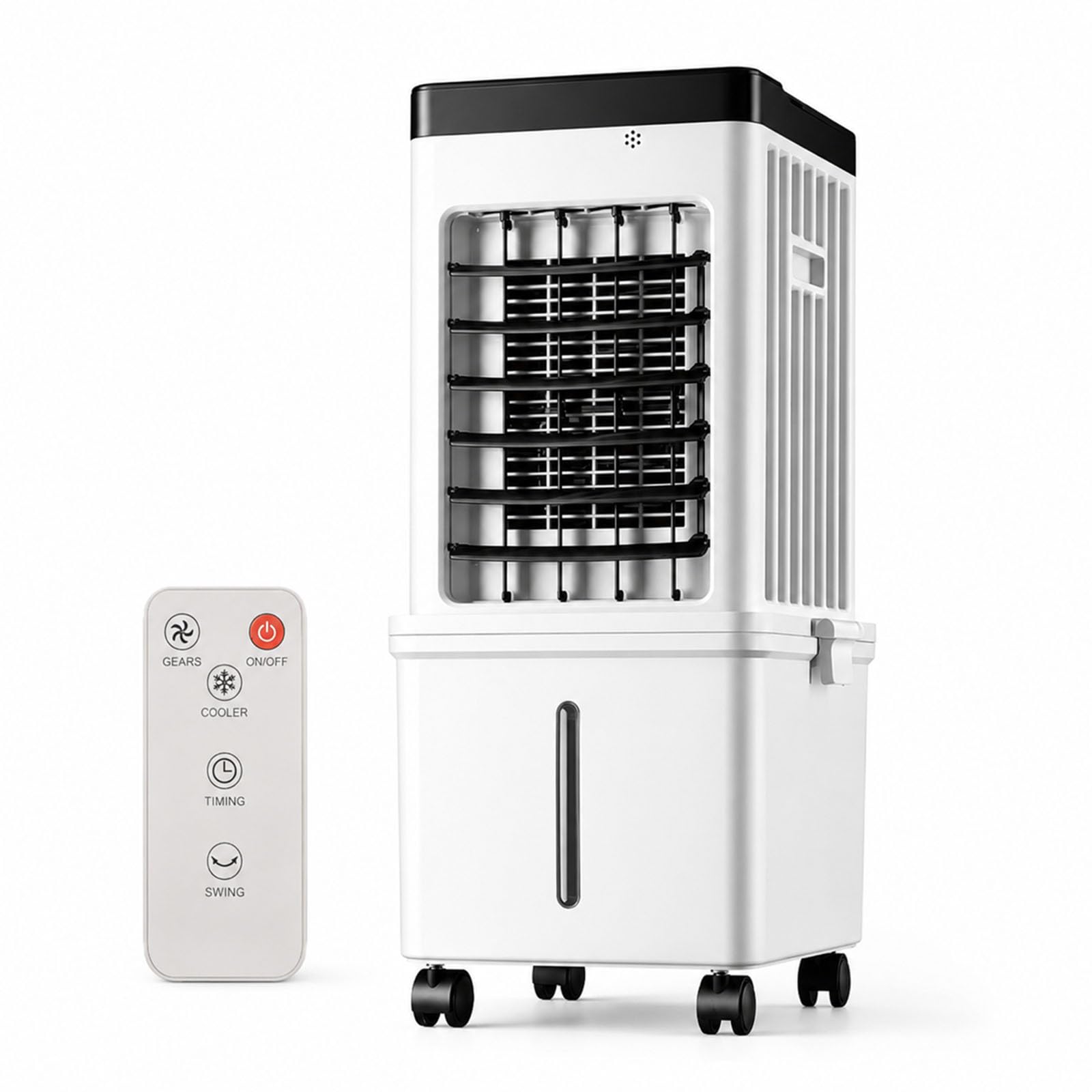 Climatizador Evaporativo 12L para Hogar y Oficina, Enfriador de Aire Portátil con Mando a Distancia, Temporizador 1-12H, 3 Velocidades, 3 Modos, Doble Depósito de Agua con Ruedas y Hielo