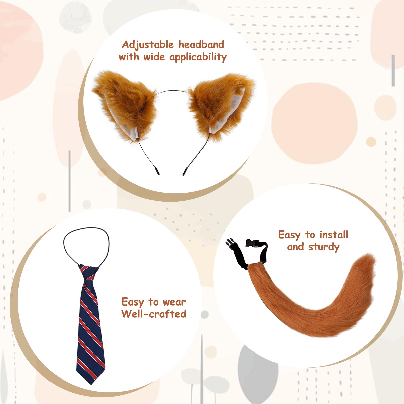 ZhongShuang 3 Pcs Fox Costume Accessory Set, Fox Ears Fox Tail Animal Fancy Costume Fox Tail Fox Tie Fox Costume For Kids Adults Fox Fancy Dress Up Halloween Party Cosplay Animal Costume - Image 2
