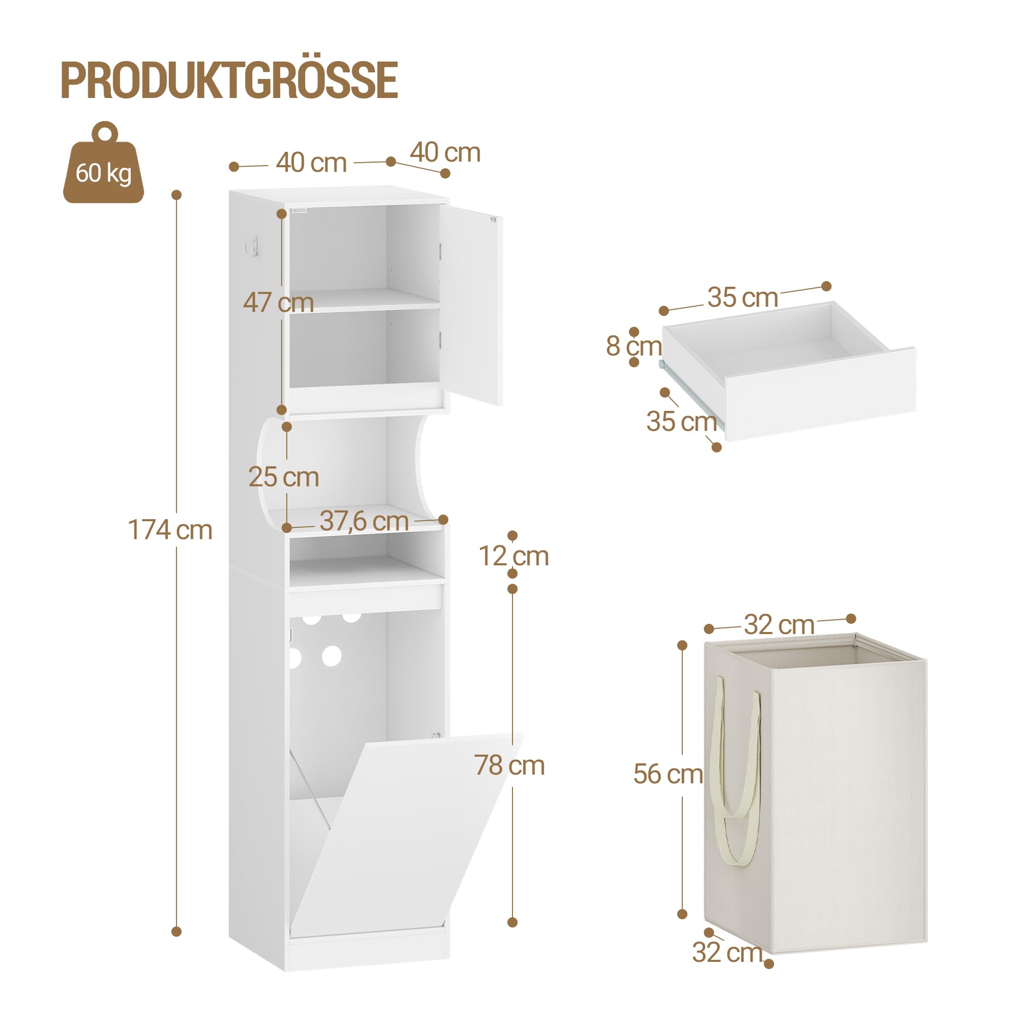 Hzuaneri Badezimmerschrank mit Wäschekorb, Wäscheschrank mit Schublade und offenem Stauraum, Badschrank mit Wäschesammler für Bad, Waschküche, 40 x 40 x 174 cm, Weiß BC43013X
