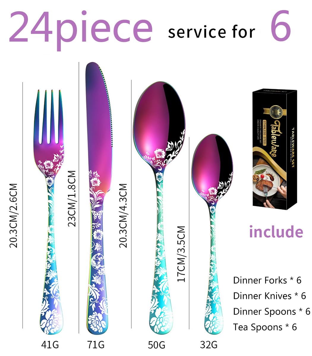XIAOYU Ensemble d'argenterie 24 pièces, service de couverts en acier inoxydable pour 6 personnes, motif de fleur de pivoine, ustensiles comprenant couteaux/fourchettes/cuillères, Le Rainbow