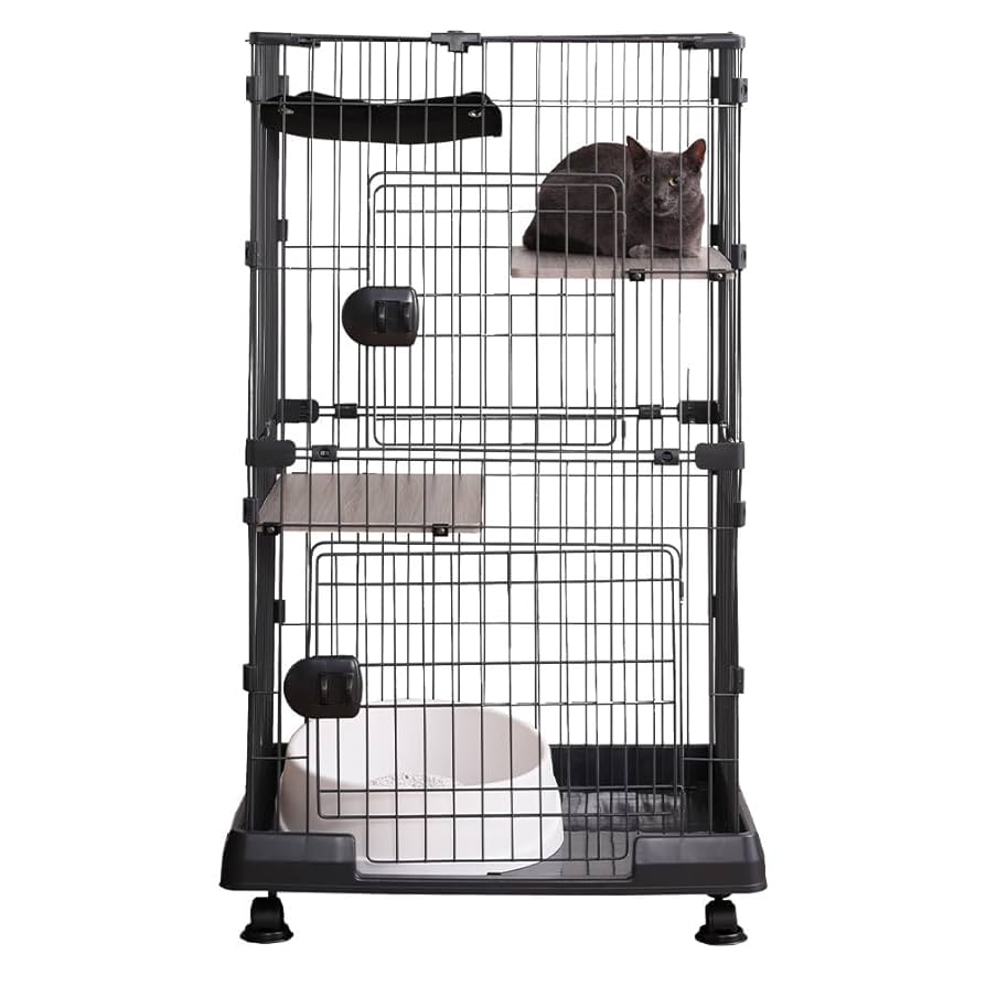 Amazon | 猫 ケージ マットグレー 猫 2段グレー(ハンモック付き