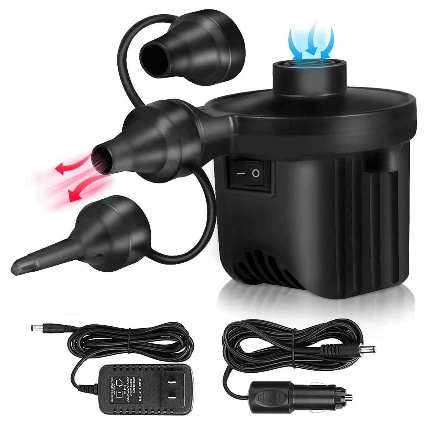 Electric Air Pump,Portable Quick-Fill Air Pump with 3 Nozzles,110-240V AC/12V DC,Powerful and Safe Inflator for Air Bed,Mattress,Boat, Pool, Float, Kiddie Toys，swimming ring--Inflating or Deflating(30w and 60w)