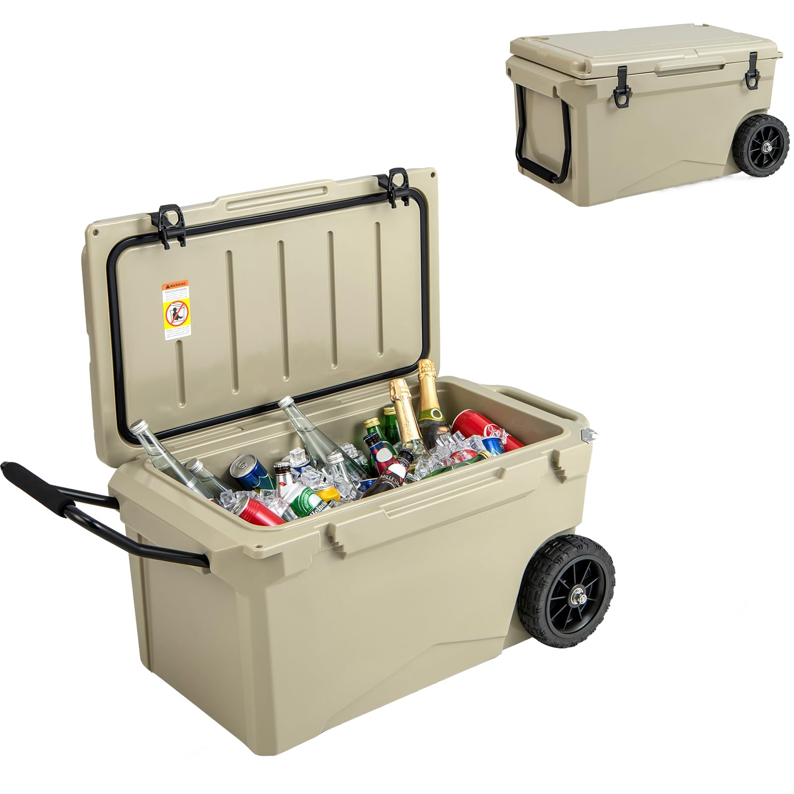 GYMAX Nevera portátil con ruedas de 71 l, refrigerador aislado con almohadillas antideslizantes para los pies, 2 asas y orificio de drenaje, caja térmica para camping, viajes y pesca