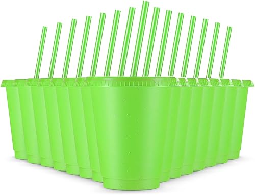 Rtteri 15 vasos reutilizables con popotes y tapas, vasos de plástico con purpurina de 16 onzas, vasos de plástico para recuerdos de fiesta con