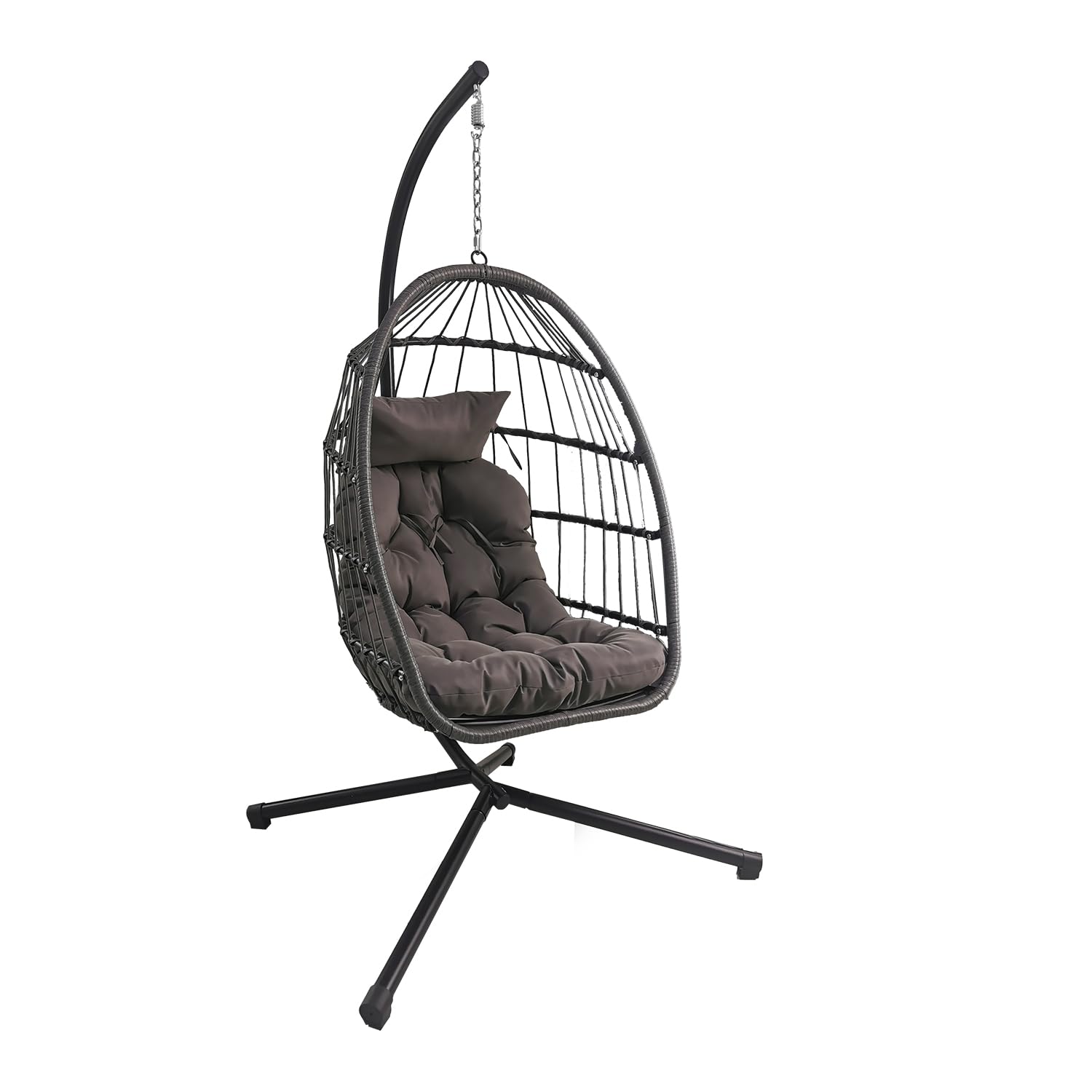 Egg Chair Garden Swing Seat Rattan Foldable Hanging Hammock with Cushions Stand UV Resistant Outdoor Indoor Furniture (Dark Grey)