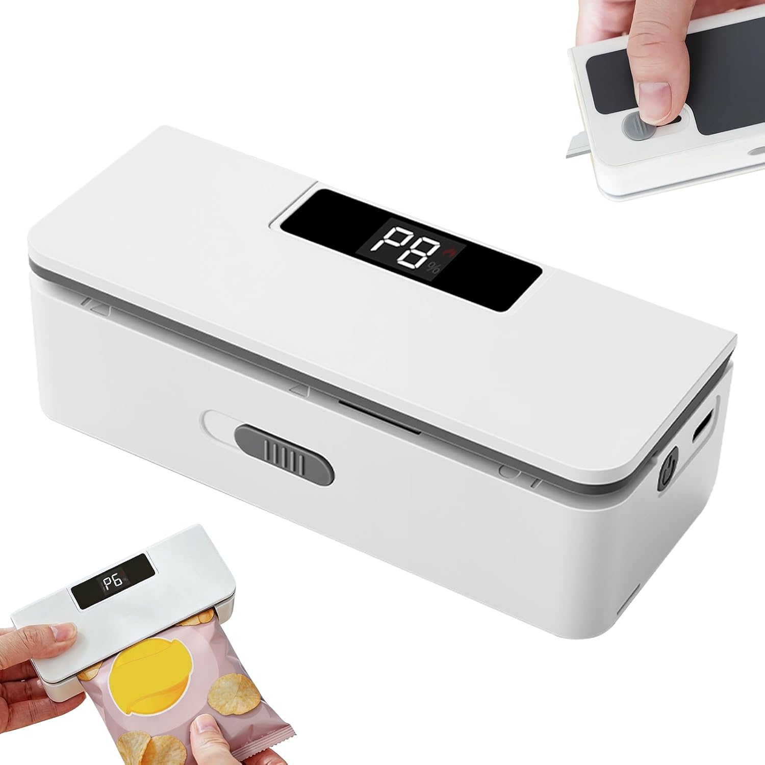 USB-C Rechargeable Mini Bag Sealer, 8-Level Adjustable Heat Sealer with Cutter, LED Display, Magnetic Base, Portable Resealer for Snack Bags, Food Storage Bags (White)