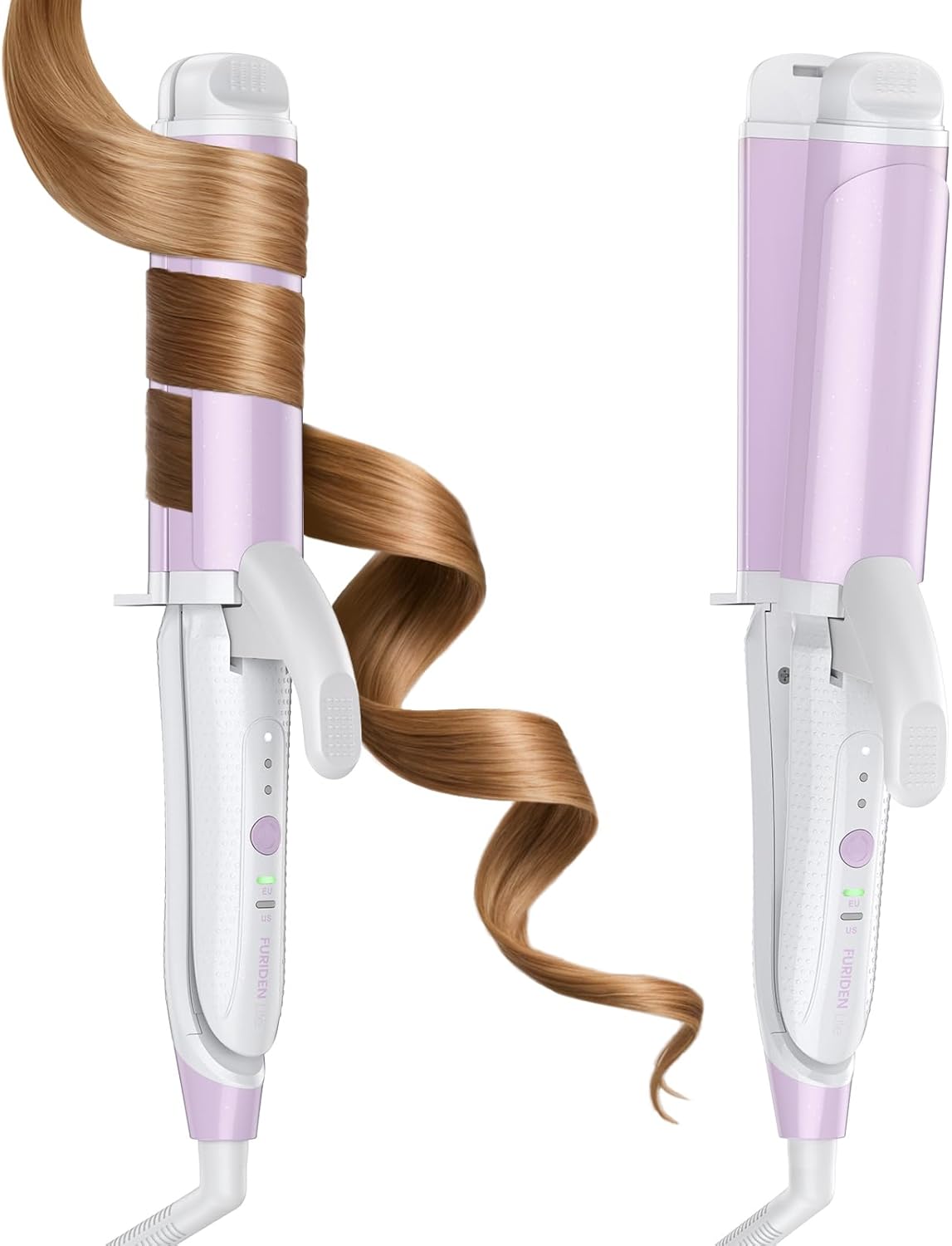 FURIDEN Lite Dual-Voltage Curling Iron: Smart Voltage 1 1/2 inch Ceramic Barrel for Long Hair Traveler - European Travel Curling Iron with Clamp Flash Purple