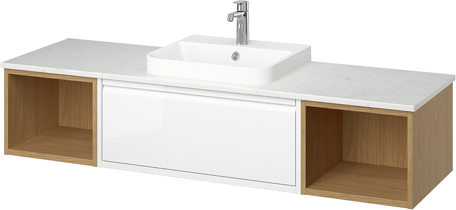 BACKSJÖN/ÄNGSJÖN Wash-stand/wash-basins/taps, high-gloss white/oak effect/white marble effect, 162x49x41 cm