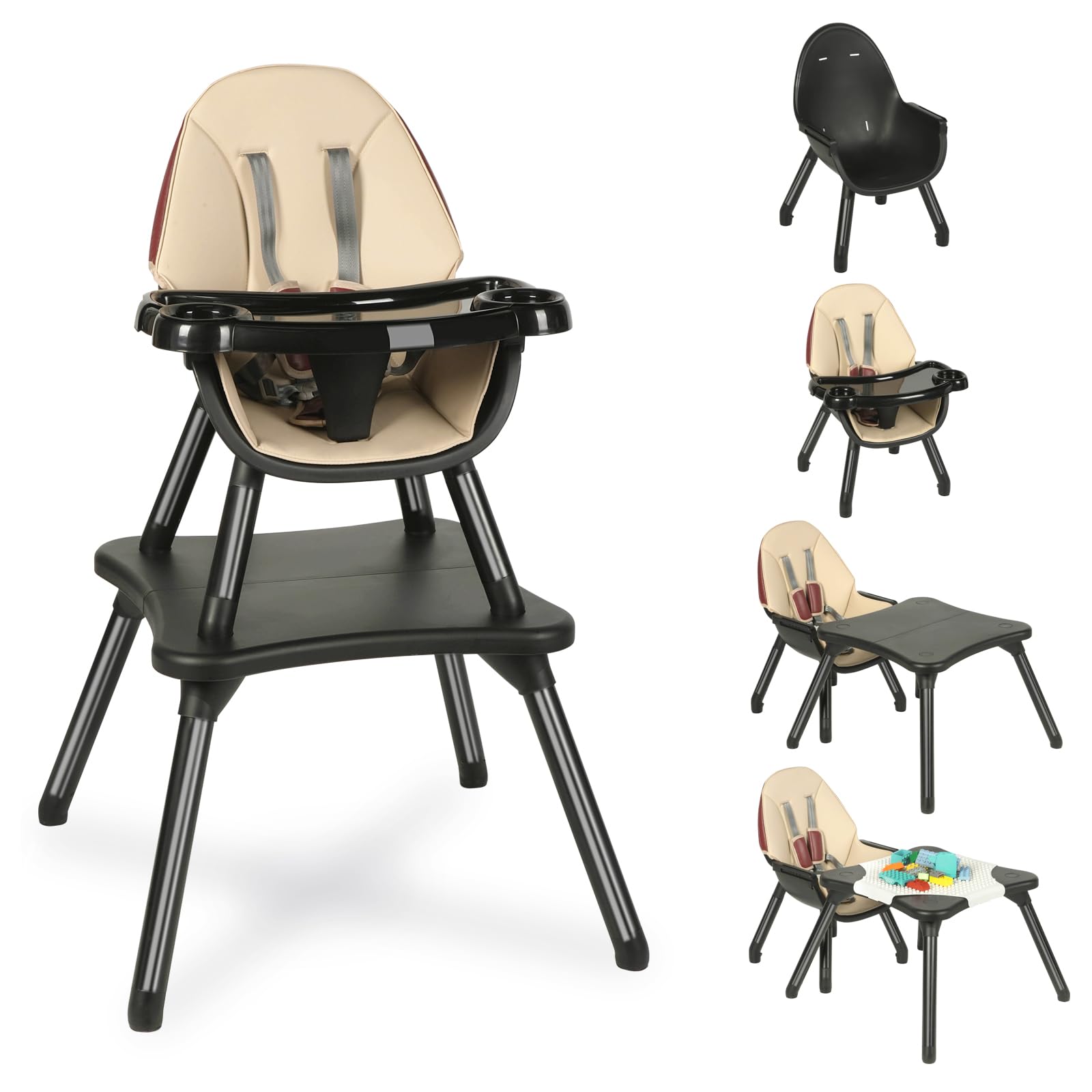 Trona 6 en 1 para bebés y niños pequeños, silla de alimentación que se convierte en trona, mesa de aprendizaje, mesa de bloques, taburete, bandeja extraíble, arnés de seguridad, color negro.
